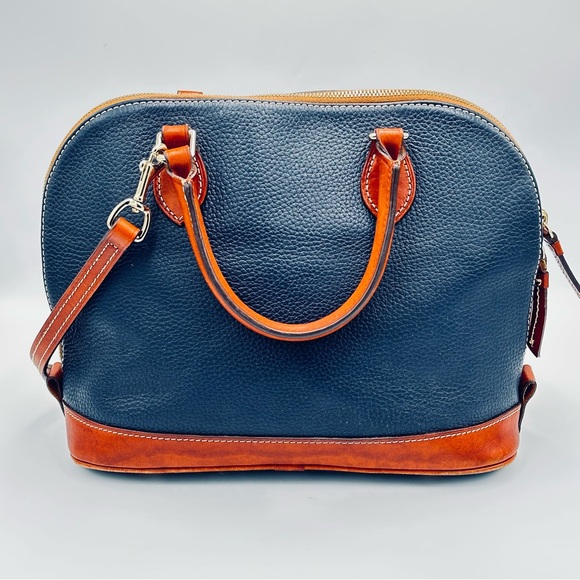 Dooney and Bourke Leather Pebble Grain Zip Zip Satchel Bag Navy Blue Brown - Picture 5 of 14